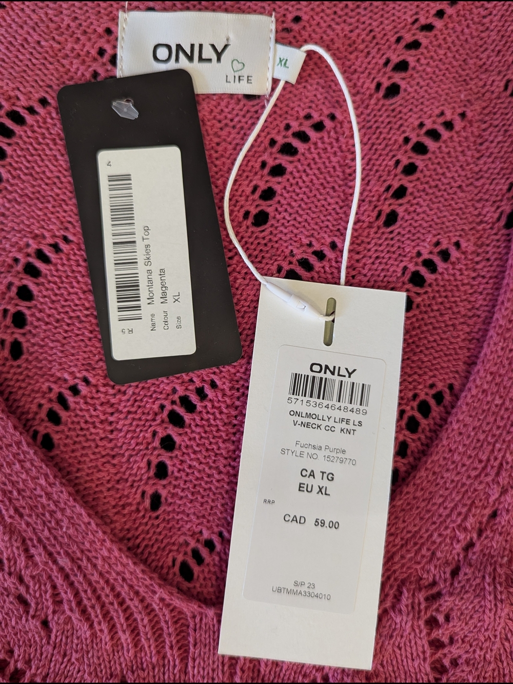 NWT ONLY Hot Pink V-Neck Openwork Knit Sweater - Picture 2 of 3